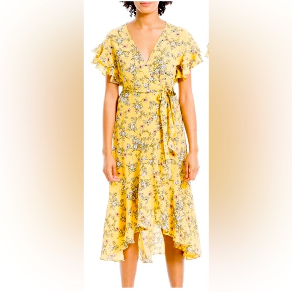 MAX STUDIO 💛YELLOW💛 FLORAL RUFFLE WRAP HIGH LOW MIDI SHORT SLEEVE DRESS🌟NWT🌟 - Picture 13 of 14